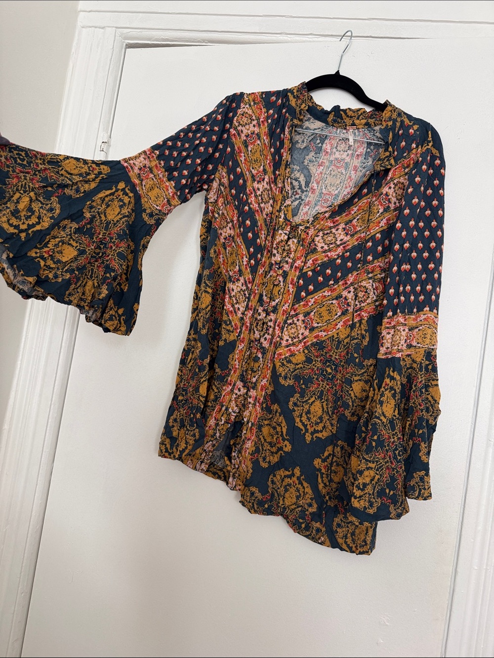 FREE PEOPLE Boho Print Bell Sleeve Blouse - Navy/Gold